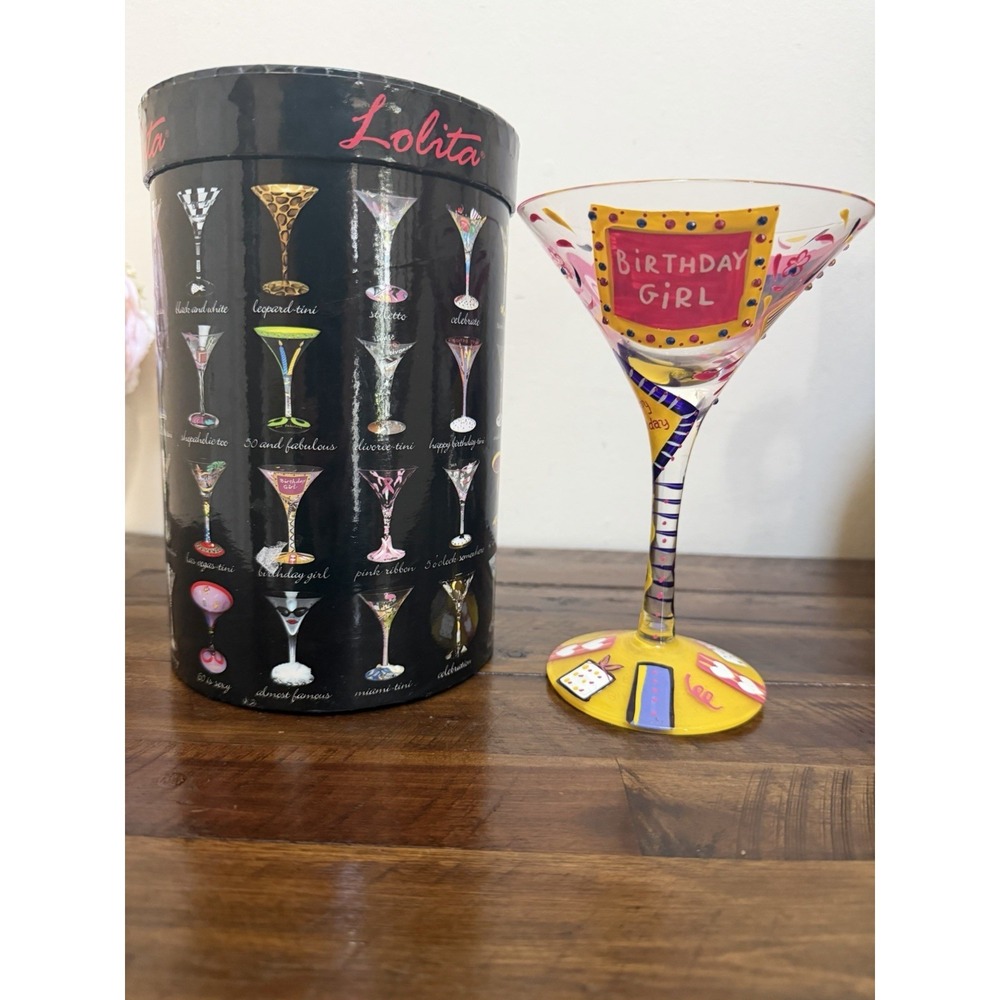 Lolita Birthday Girl Martini Glass Hand Painted W Recipe 7.5 Oz  In Orig Box